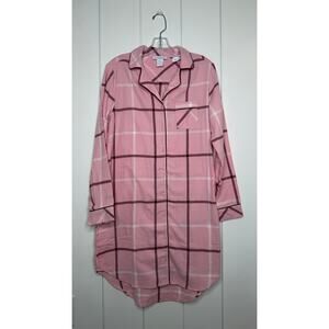 Liz Claiborne Pink Plaid Flannel Nightshirt Women’s Small Button Front Cotton
